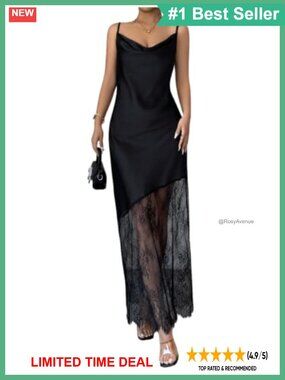 Satin Lace Maxi Dress Cowl Neck Sheer Slip Party Cocktail Dress